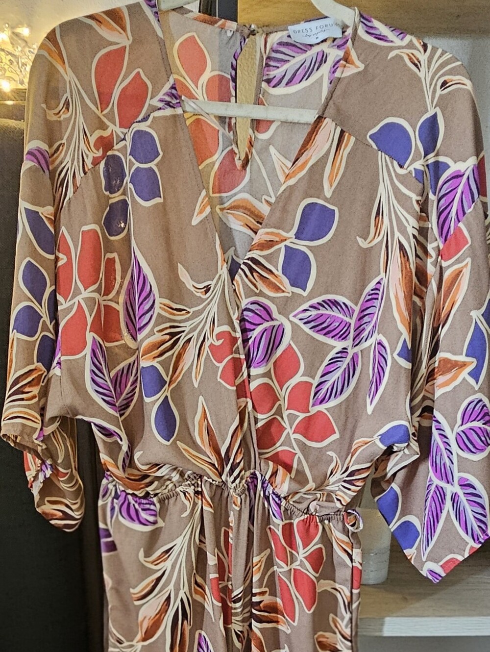 Women’s Floral Print Long Sleeve Jumpsuit in Taupe with Red & Purple Accents